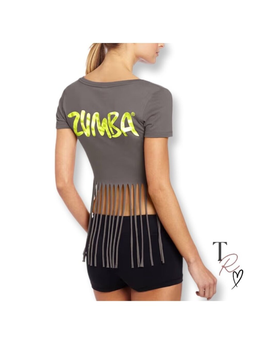 Zumba Fringe Hem Dance Fitness Crop Top in Gray & Neon Size Large